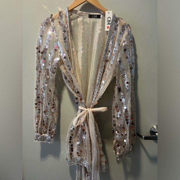 Silver Sequin Sheer Mesh Wrap Dress with Belt - Picture 1 of 5